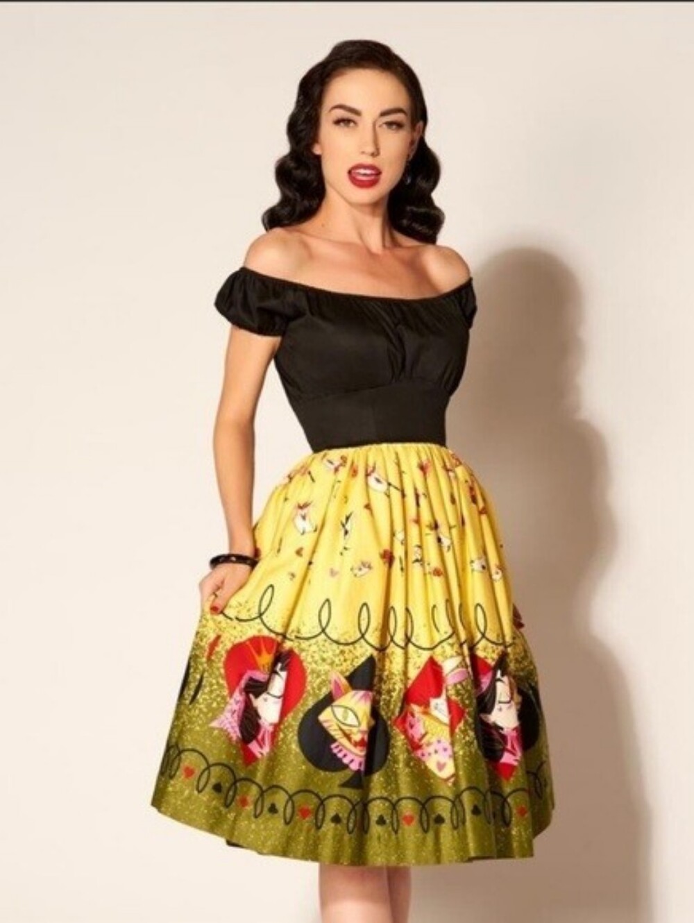 Rare alice In Wonderland Pinup Couture Yellow Graphic Circle Skirt